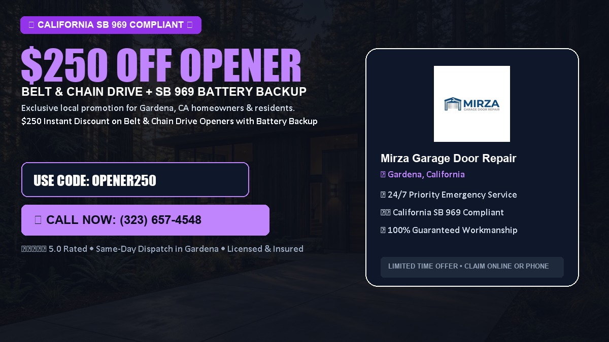 $250 OFF Smart Garage Door Opener Installation (Belt & Chain Drive with California SB 969 Battery Backup) in Gardena, CA